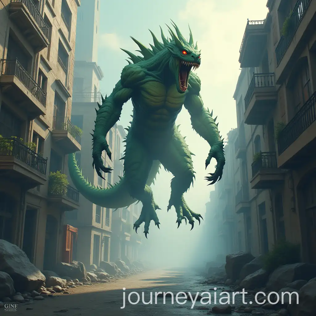 AI-Art-Prompt-ExpansionMonster-Leaping-from-Building-to-the-Ground