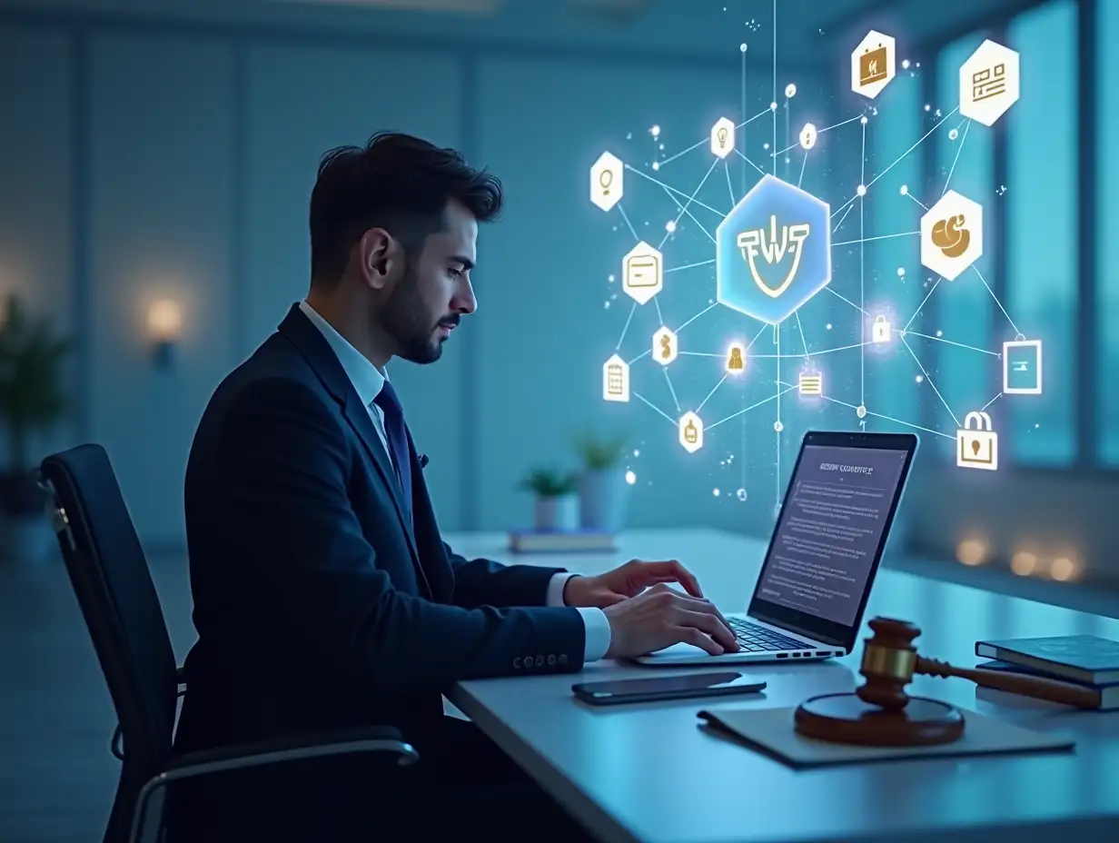 A **hyperrealistic** male lawyer sitting on the left side of the image at a modern digital desk, wearing a formal dark suit and tie, focused and working on a laptop. The laptop screen shows a professional law firm website. Around him, floating **photorealistic** semi-transparent digital icons: contact form, appointment calendar, message/chat icon, justice scale ⚖️, a pie chart and bar graph, glowing holographic folders, a fingerprint scan, digital contract document, and a secure padlock. On the desk are a smartphone, a tablet, a legal book, a glowing Persian-style law firm logo in deep purple-blue, connected by glowing lines to suggest interconnectivity. The background is a clean modern minimalist office or abstract digital space, with network and cloud symbols subtly floating in the sky to reflect an online presence. Strong use of legal elements like books, gavel, documents, and scales of justice, combined with tech elements like data charts, biometric icons, and digital UI. Color palette: deep indigo/purple-blue (matching the logo), white, light gold, cool bluish accents. **The ENTIRE right side of the image is clean, completely empty, and intentionally devoid of ANY elements. Maximize the blank space on the right for text or graphic additions.** The image should look like a **high-resolution photograph**, with realistic lighting and textures.