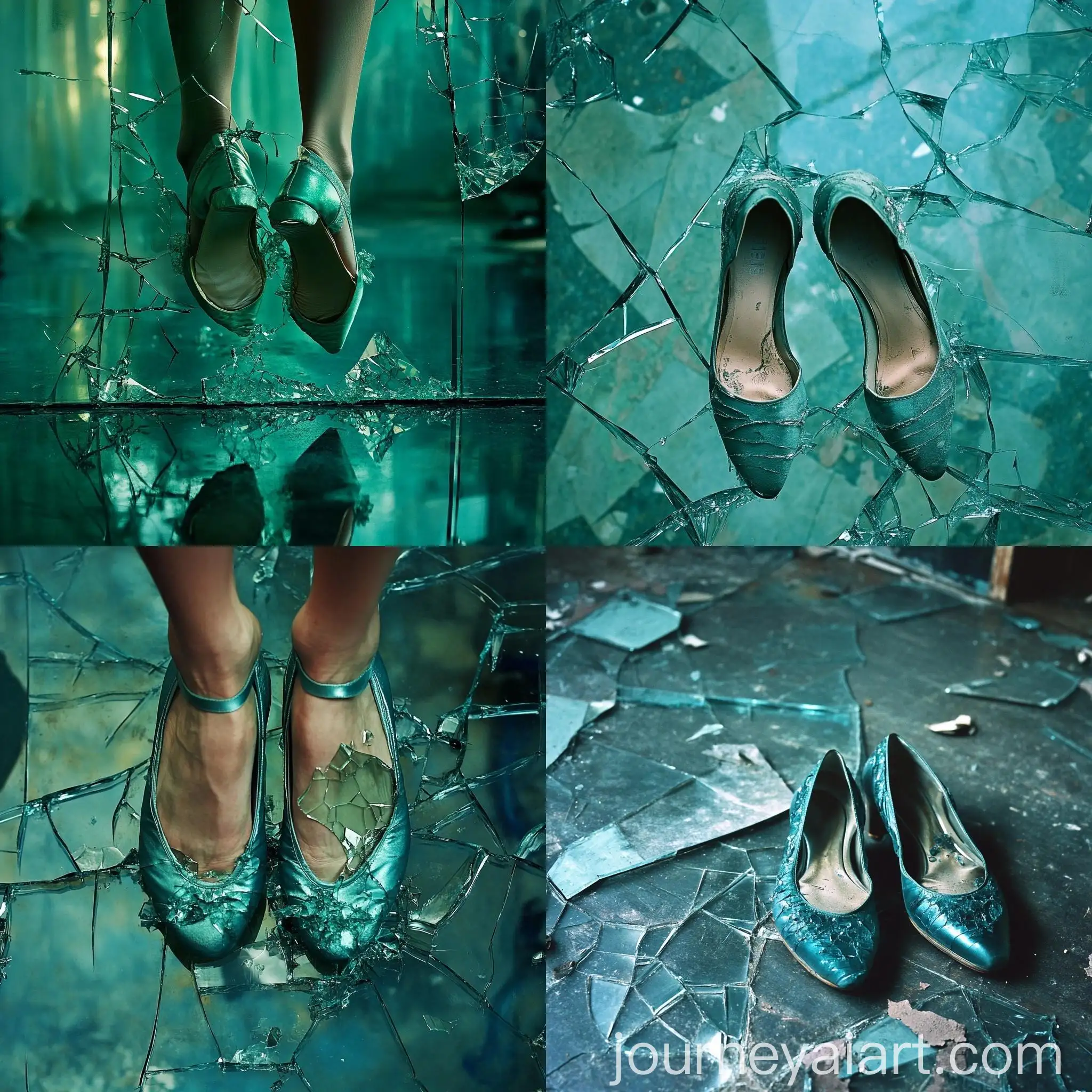 Pair-of-Ballerina-Shoes-in-Dark-Green-Teal-on-Shattered-Glass-Floor