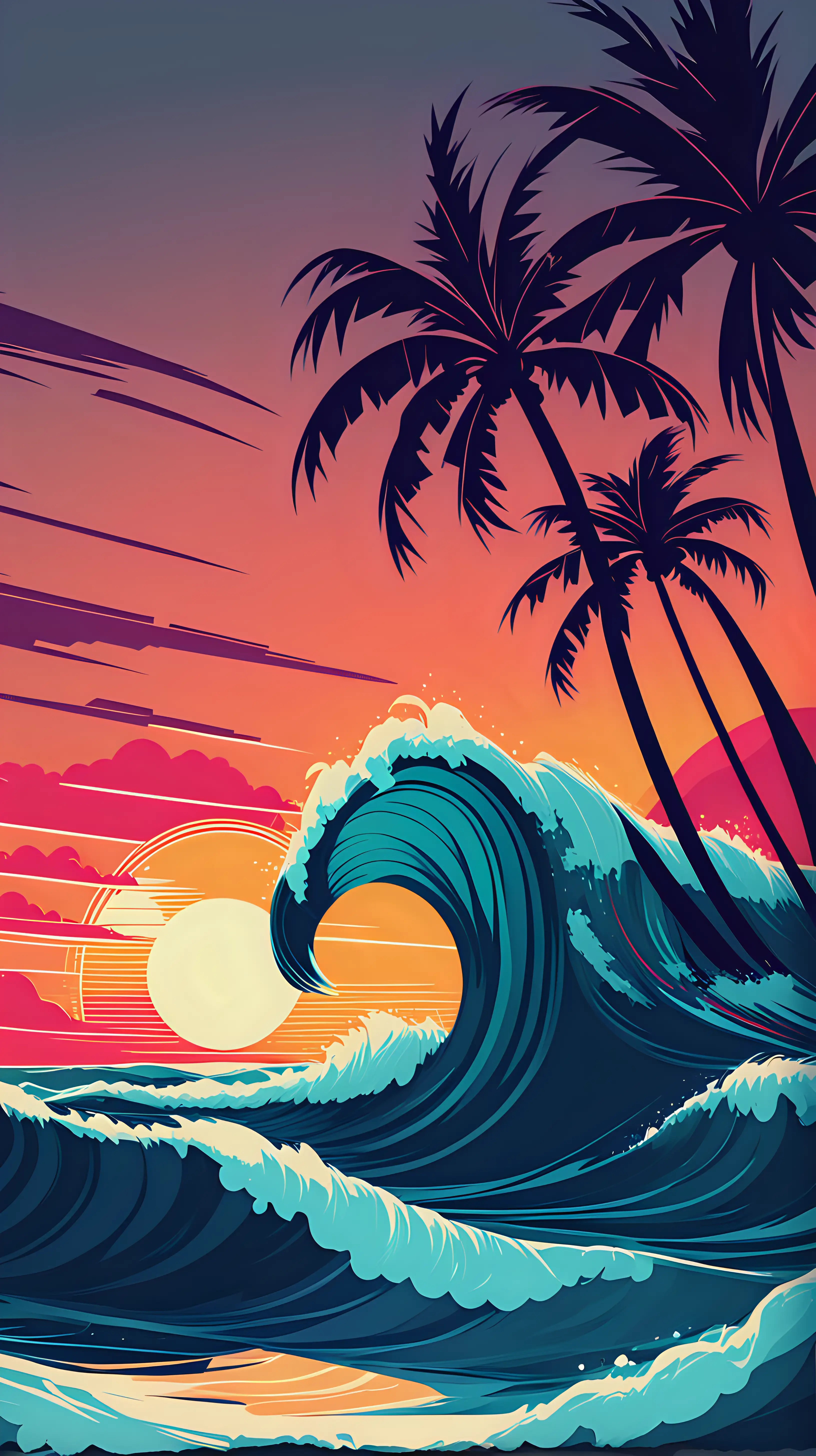 Tropical Sunset with Palm Trees and Ocean Waves