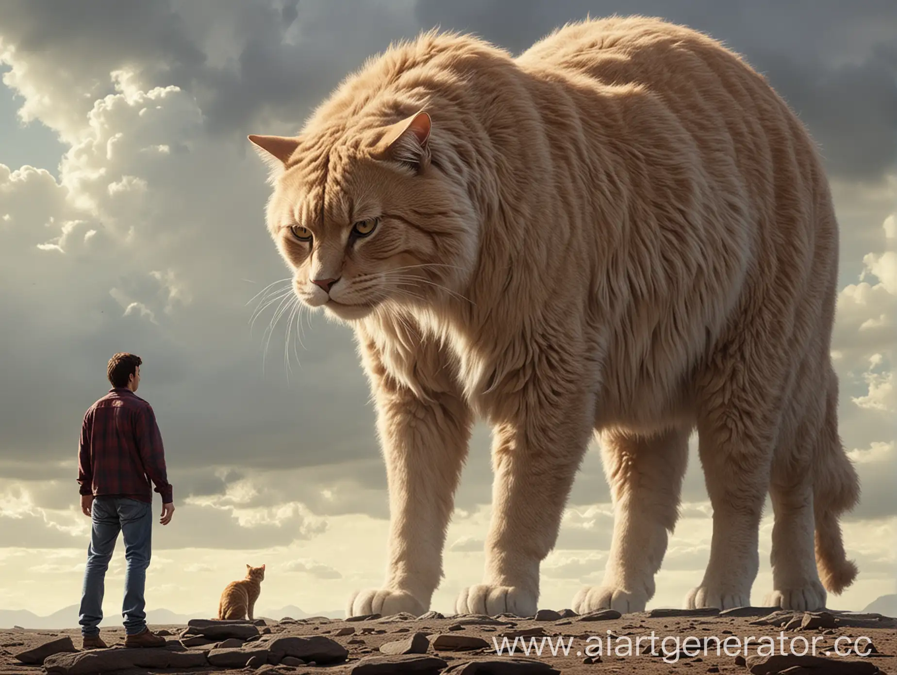 A man facing a giant cat