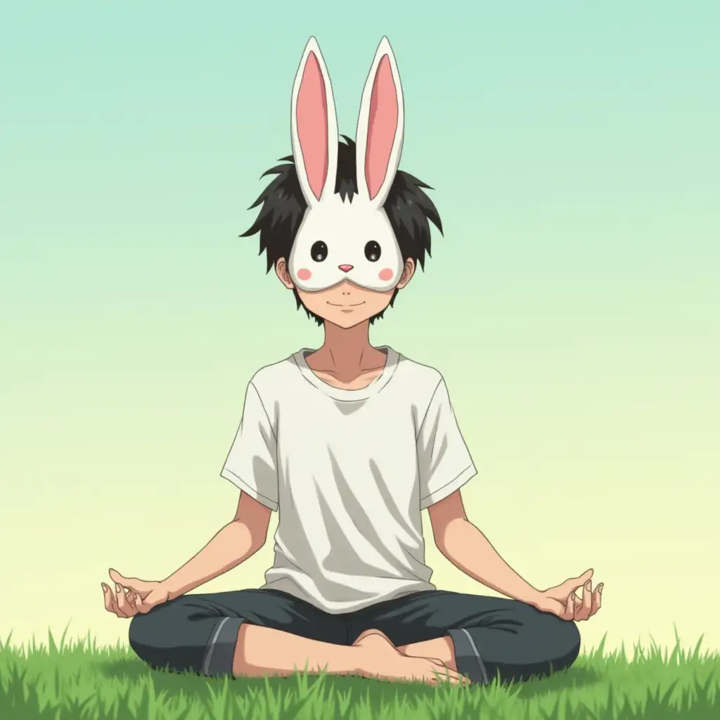 A boy in a white t-shirt. He is wearing a mask of a rabbit. He is sitting on the grass and meditating. Anime style.