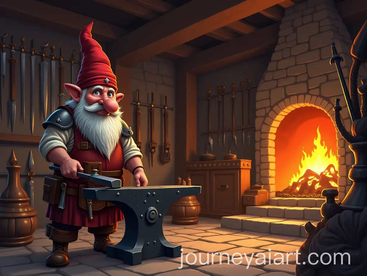 Gnome-Blacksmith-Working-in-Medieval-Fantasy-Blacksmith-Shop-with-Weapons-and-Armor