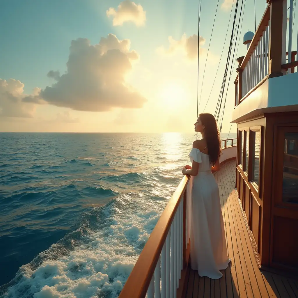 A beautiful and dreamy ship in the sea where a beautiful lady is standing on its deck and staring at the horizon of the sea and the greatness of creation. On a lovely morning