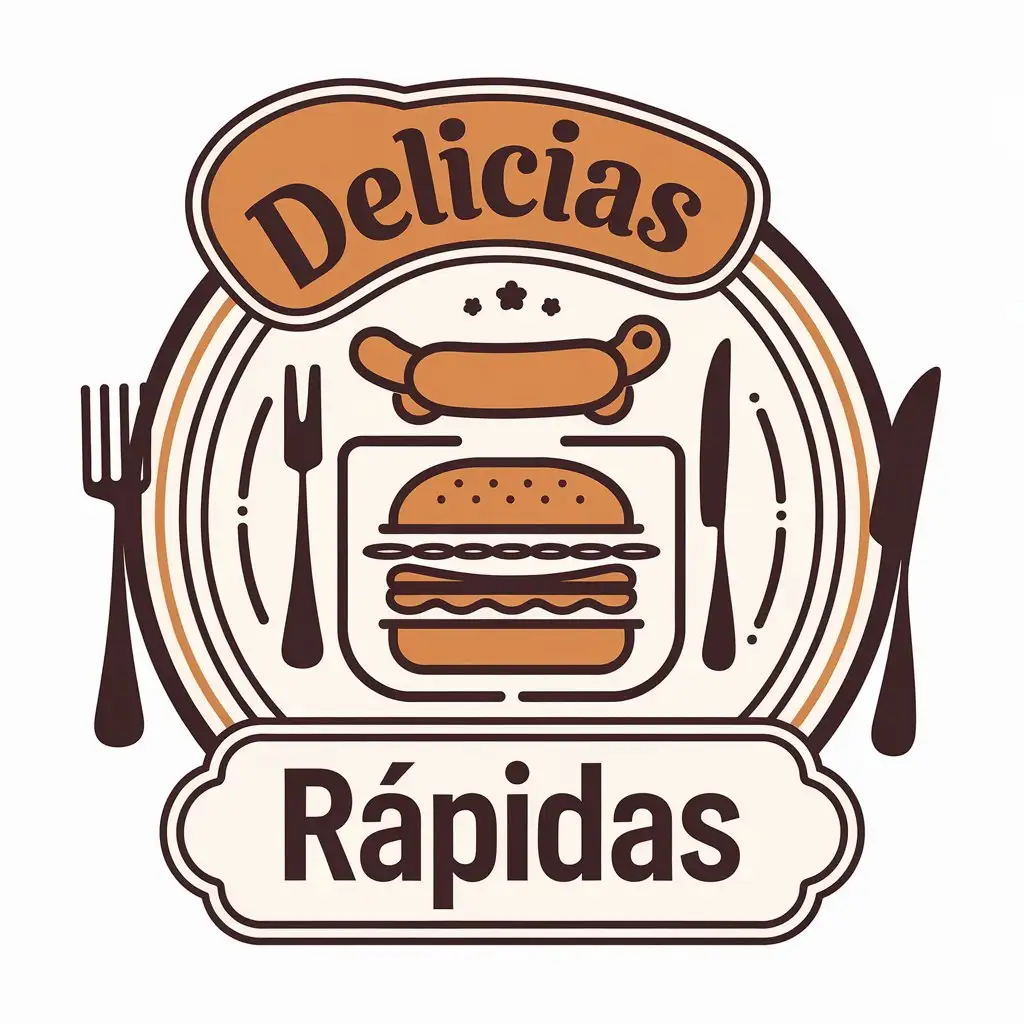 a vector logo design,with the text "Delicias Rápidas", main symbol:hamburger,dog,plate,knife,fork,Moderate,be used in Restaurant industry,clear background