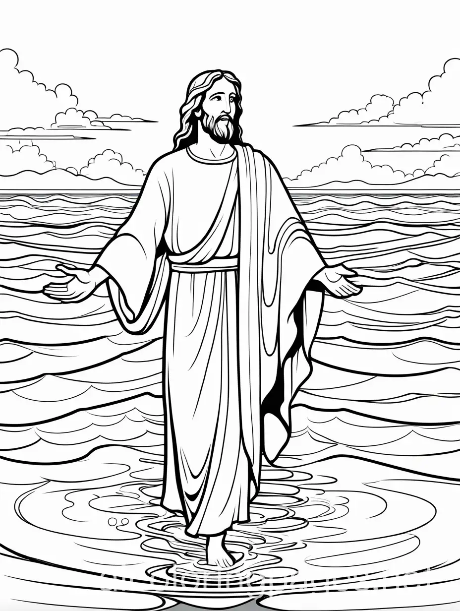 Jesus walking on water Coloring Page, black and white, line art, white background, Simplicity, Ample White Space. The background of the coloring page is plain white, no grey in background, to make it easy for young children to color within the lines. The outlines of all the subjects are easy to distinguish, making it simple for kids to color without too much difficulty, Coloring Page, black and white, line art, white background, Simplicity, Ample White Space. The background of the coloring page is plain white to make it easy for young children to color within the lines. The outlines of all the subjects are easy to distinguish, making it simple for kids to color without too much difficulty