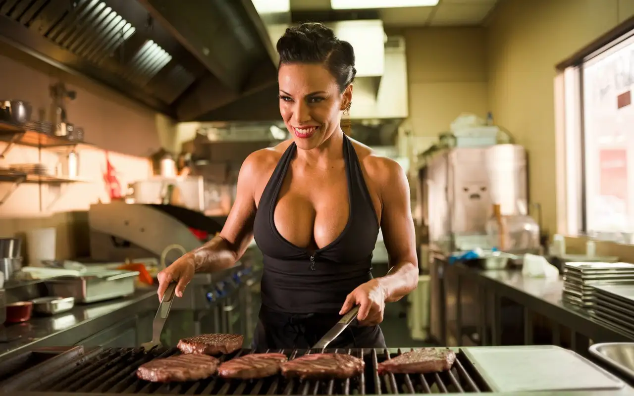 Mature-Latina-Cook-Grilling-Meat-in-a-Modern-Eatery-Kitchen