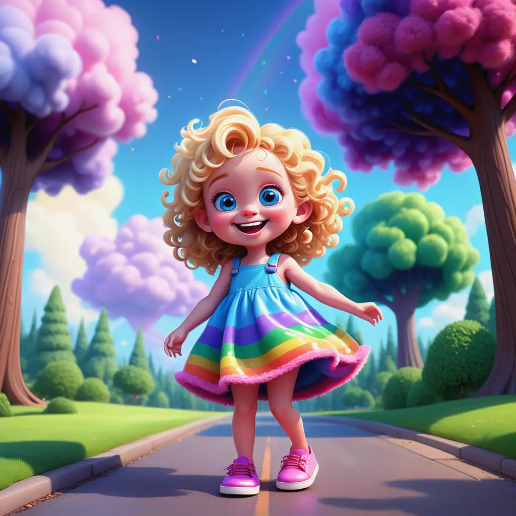 Cute Cartoon Character with Rainbow Fur in Sunny Park Scene