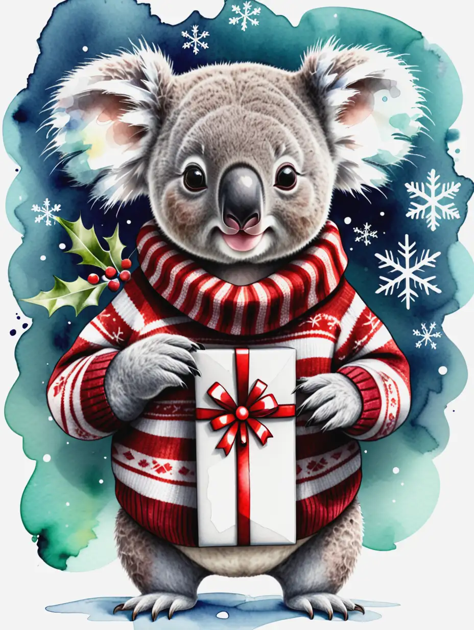 Adorable Koala in a Winter Sweater Holding a Christmas Gift