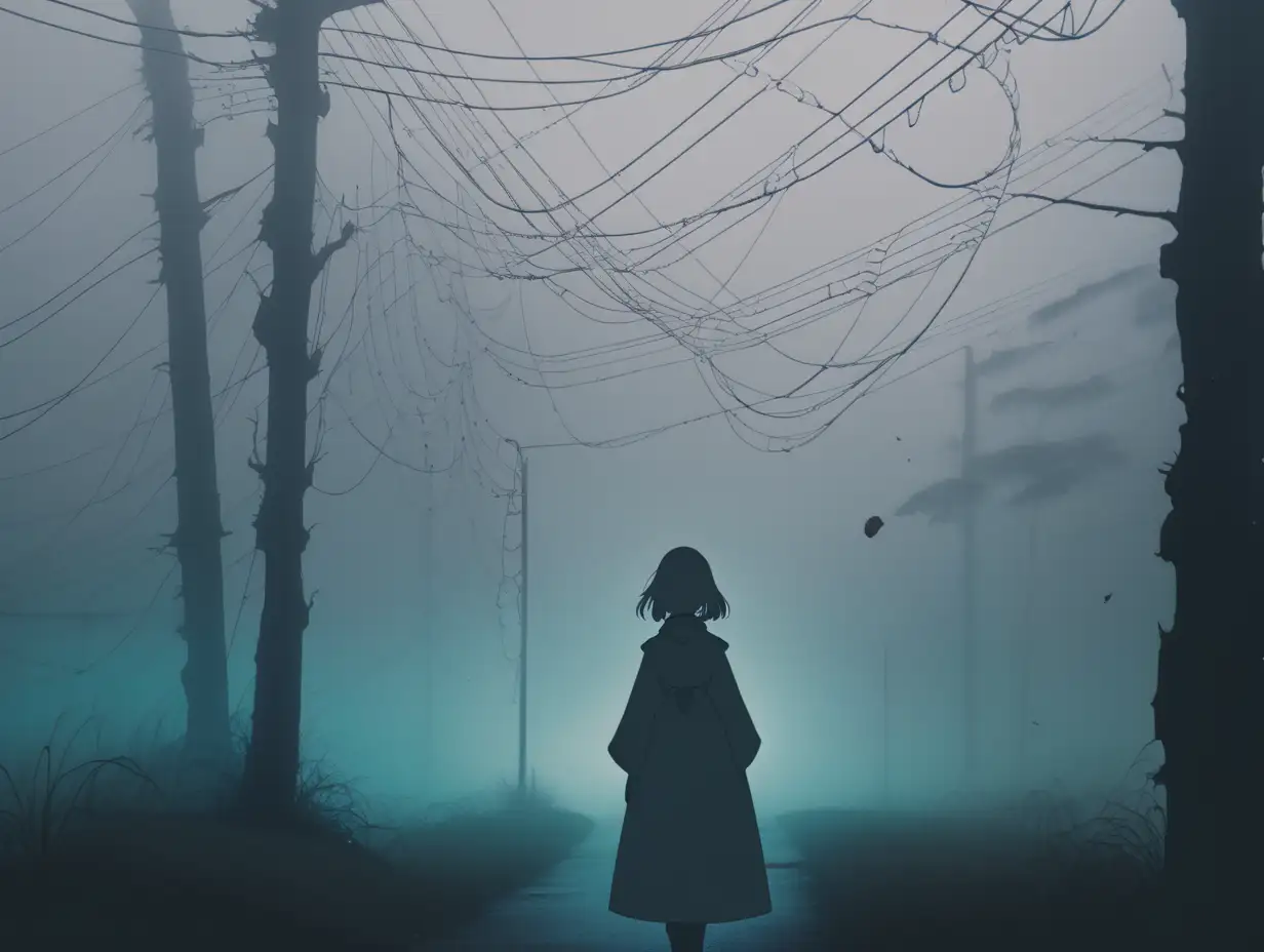 Bold lines, rich colours, anime, fog, horror, white outlines