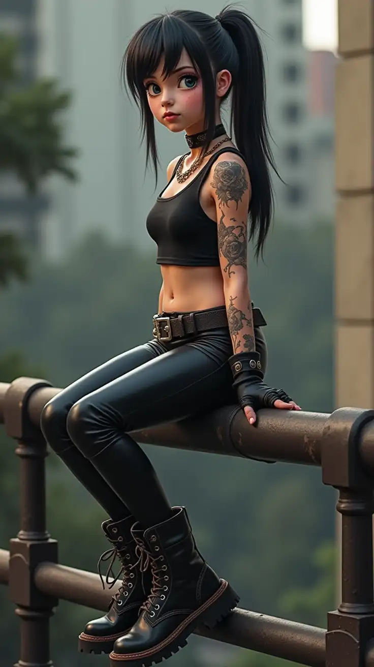 Punk-Teen-Girl-Sitting-on-Railing-in-Leather-Outfit