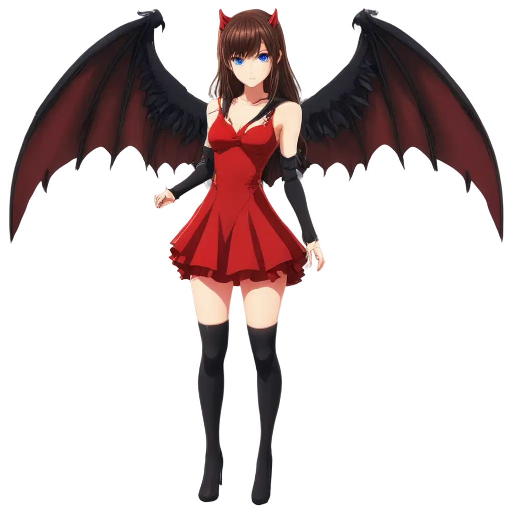 Anime-Teen-Succubus-PNG-Brown-Hair-Blue-Eyes-Red-Dress-Demon-Wings-Tail