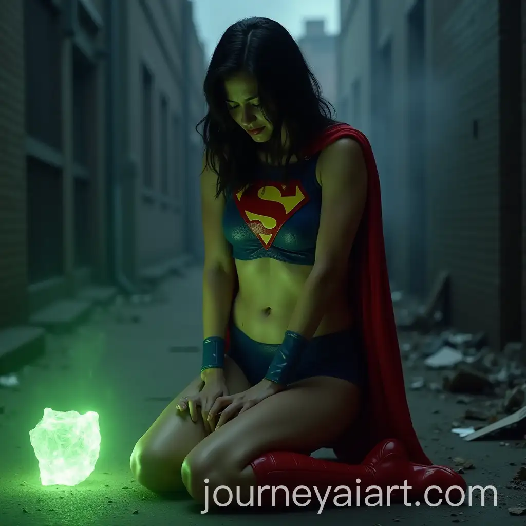 DarkHaired-Superheroine-Struggling-with-Kryptonite-in-a-Stormy-Urban-Scene