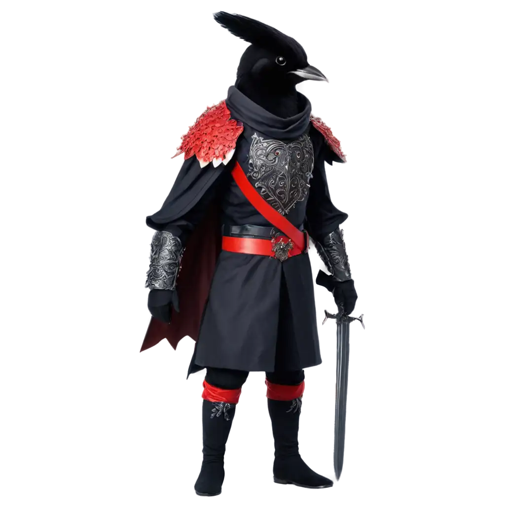 Black starling with red knight costume and red berry necklace and sword