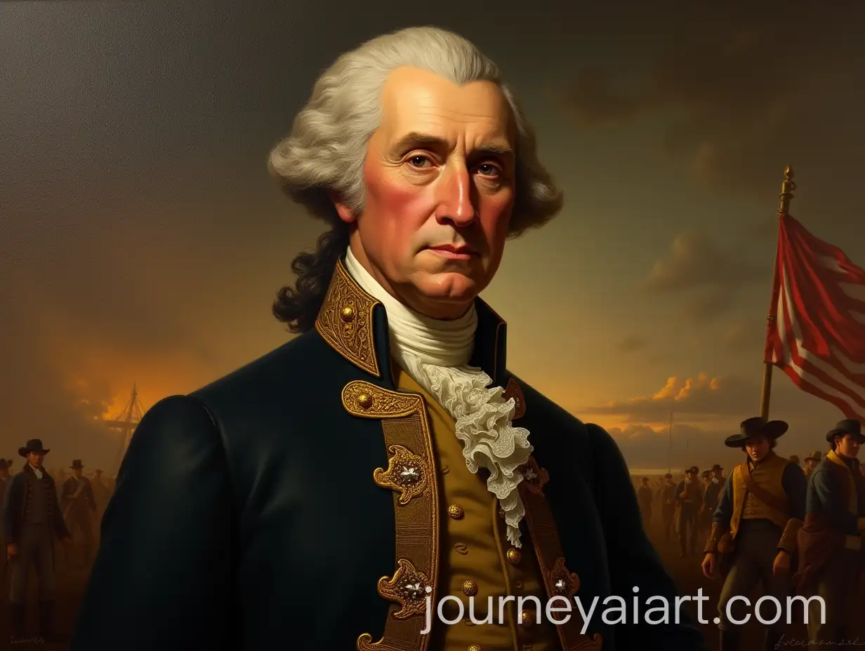 George-Washington-in-Colonial-Military-Uniform-with-American-Flag-in-Historical-Battlefield