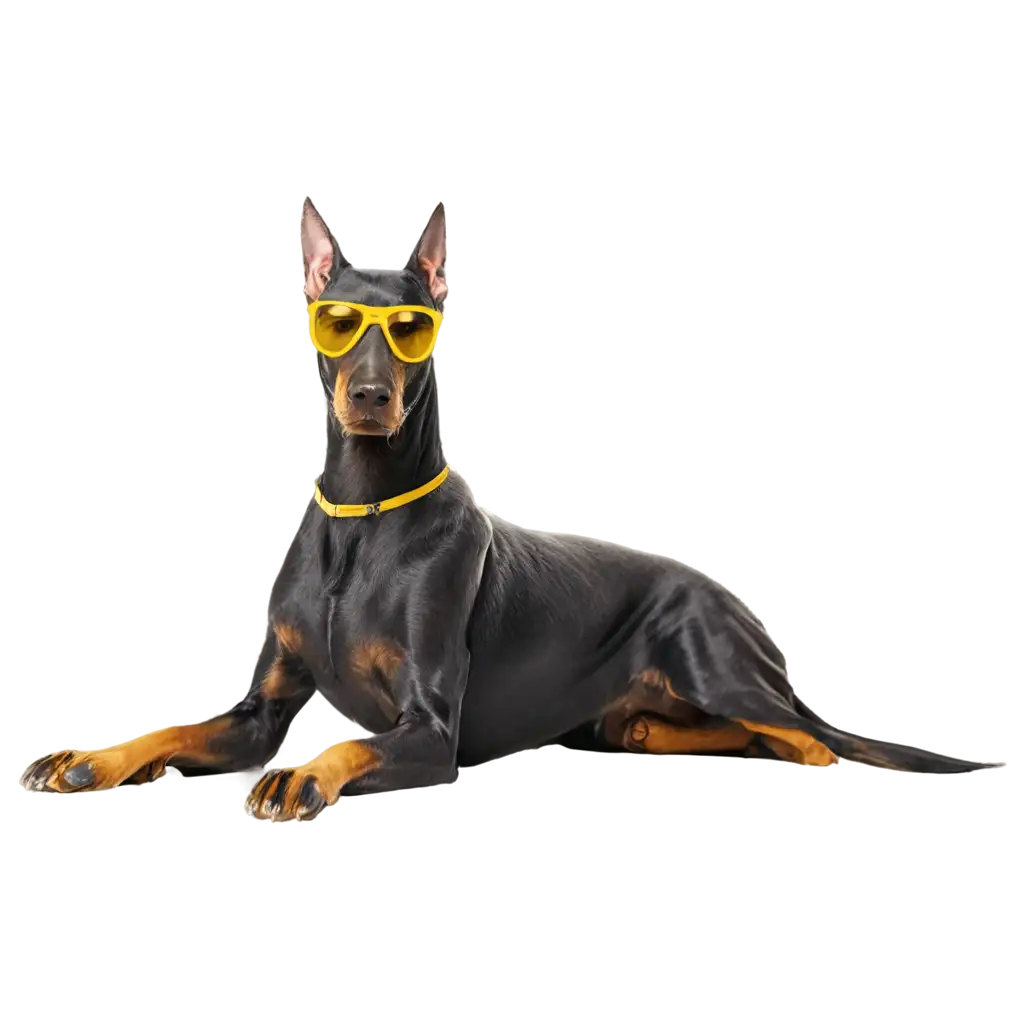 a brutal doberman in yellow sunglasses