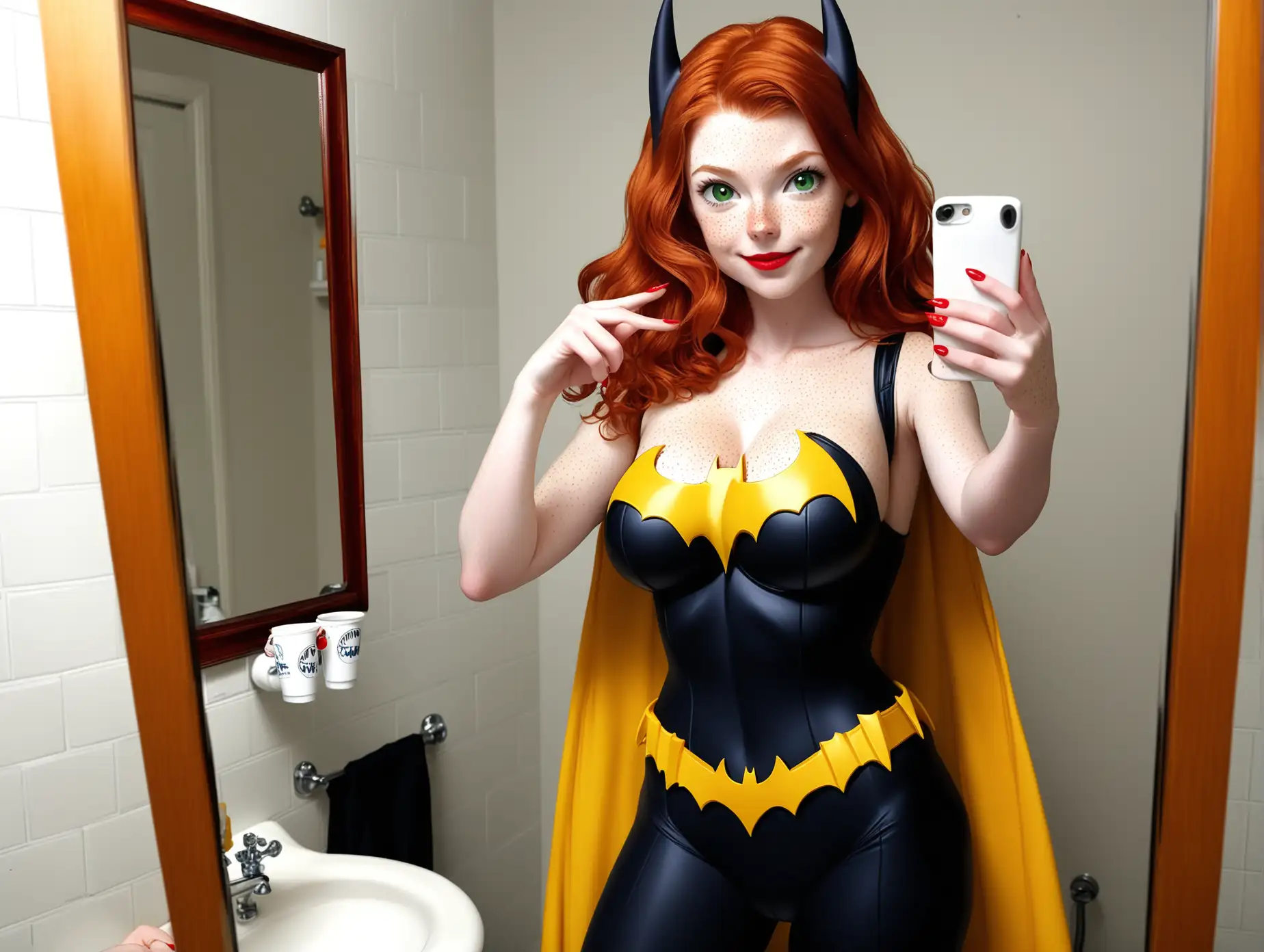 Batgirl-Selfie-in-Costume-with-Bright-Red-Lipstick-and-Freckles