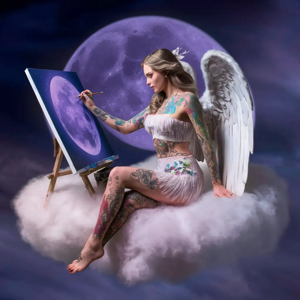 Beautiful Tattooed Angel Drawing on Canvas under Purple Moonlight