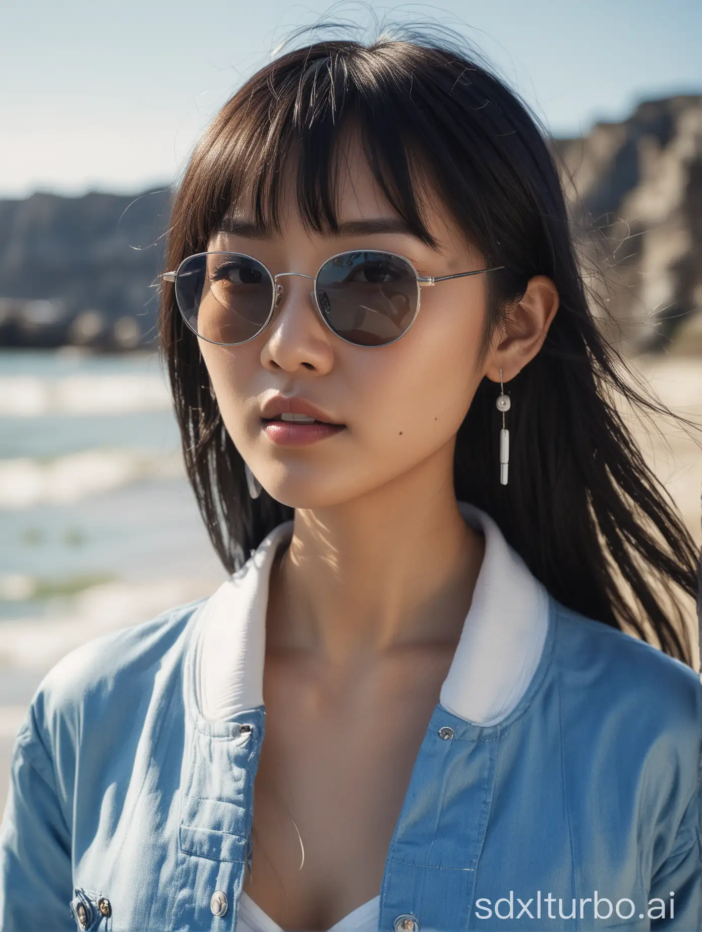 Asian-Woman-Adjusting-Sunglasses-on-Beach-in-Daylight