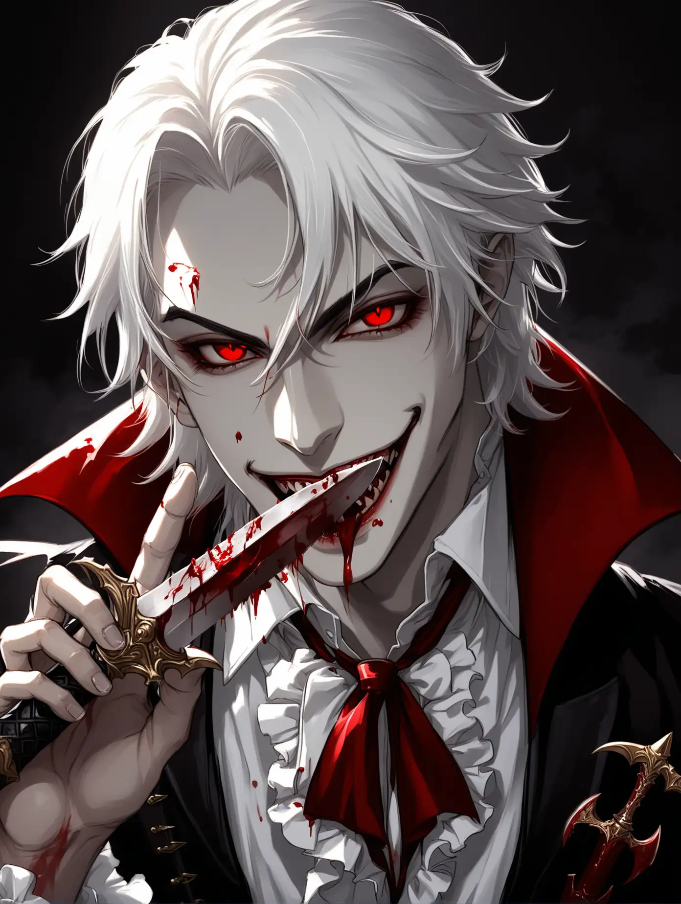 Seductive Vampire with White Hair and Red Eyes Licking Blood Off Dagger