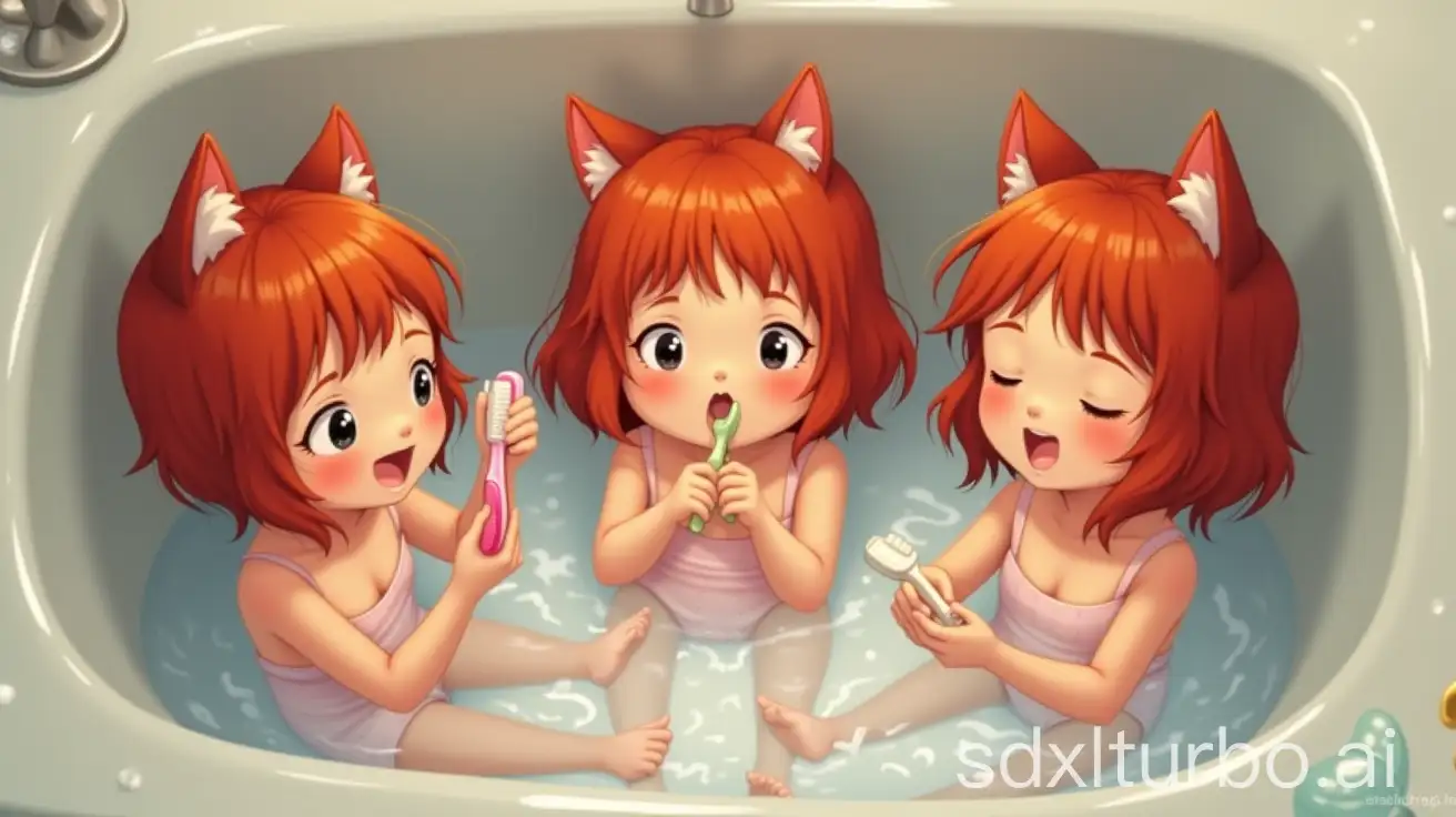 Redhead-Little-Girls-Sharing-Bathtub-and-Brushing-Teeth-with-Soapy-Toothbrush