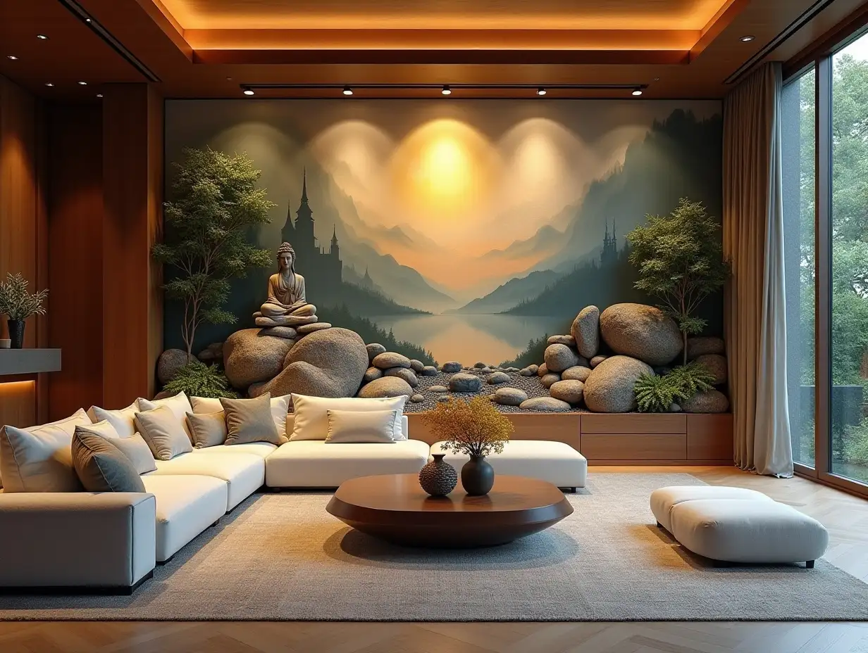 A large, luxurious living room with kitchen and artistic statue. With beautiful art painting wall Zen-Garden with carefully maintained rocks, a meditative 180 degrees panoramic shot 8K resolution Vibrant