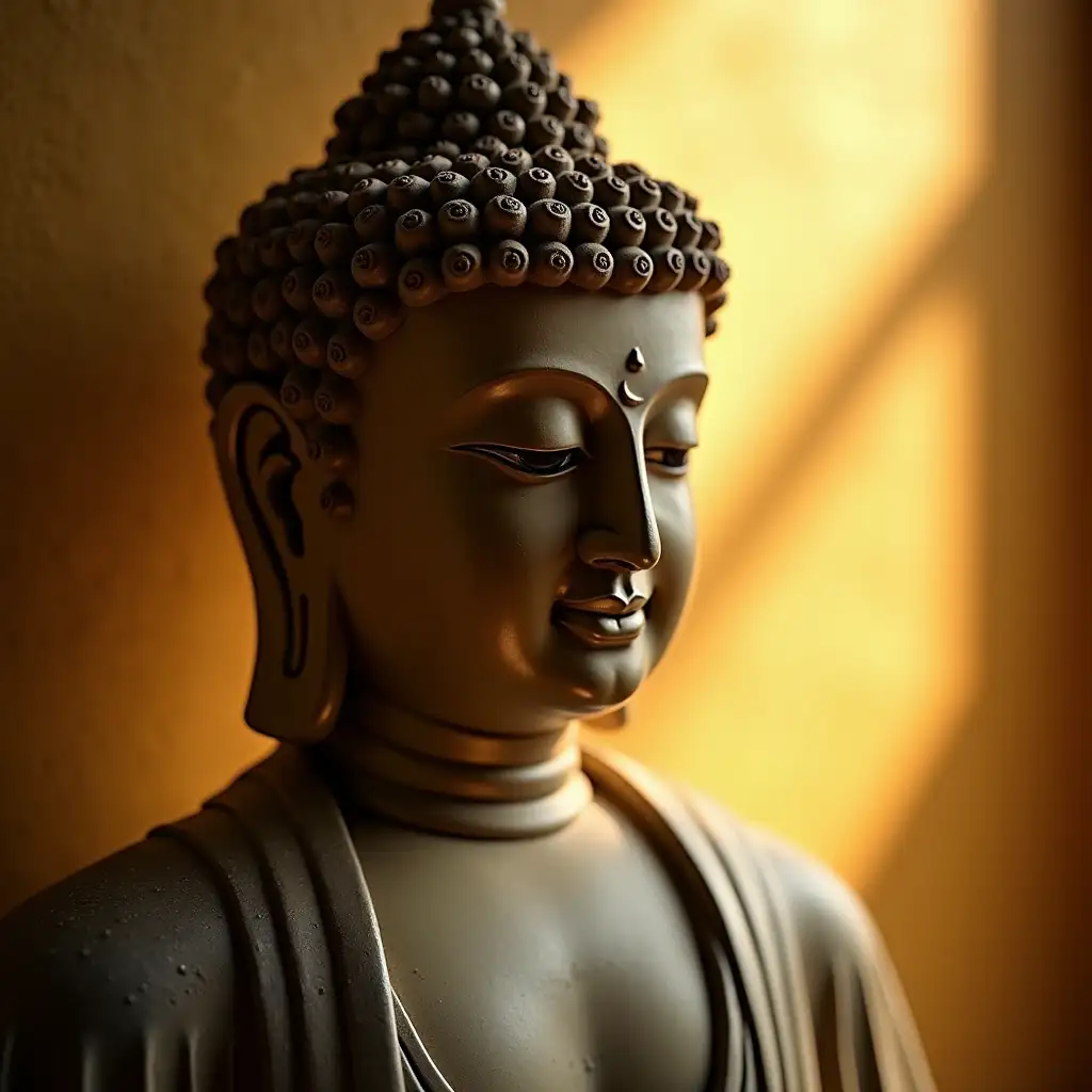 Frame: Use a close-up shot, starting from the face of the Buddha statue and gradually expanding to the shoulders, focusing on the compassionate expression and peaceful eyes of the statue. The camera moves slowly, allowing the audience to feel the solemnity and tranquility of the statue.nLighting: The background of the statue should be set with soft light, symbolizing the wisdom and enlightenment of Buddha. This light can be warm yellow or golden, giving the statue a sacred and radiant atmosphere. The light source should spread from behind, enhancing the softness of the statue's outline and making it seem as if it is appearing from the light.nBackground: Keep the background simple, without too much detail to avoid distracting attention. Consider using a blurry light effect to make the light more focused and highlight the solemnity of the statue.nTexture: The details of the statue's material should be clearly visible, reflecting the craftsmanship of the statue. Use subtle side lighting to add depth to the texture, such as wrinkles, handprints, and facial lines on the statue.