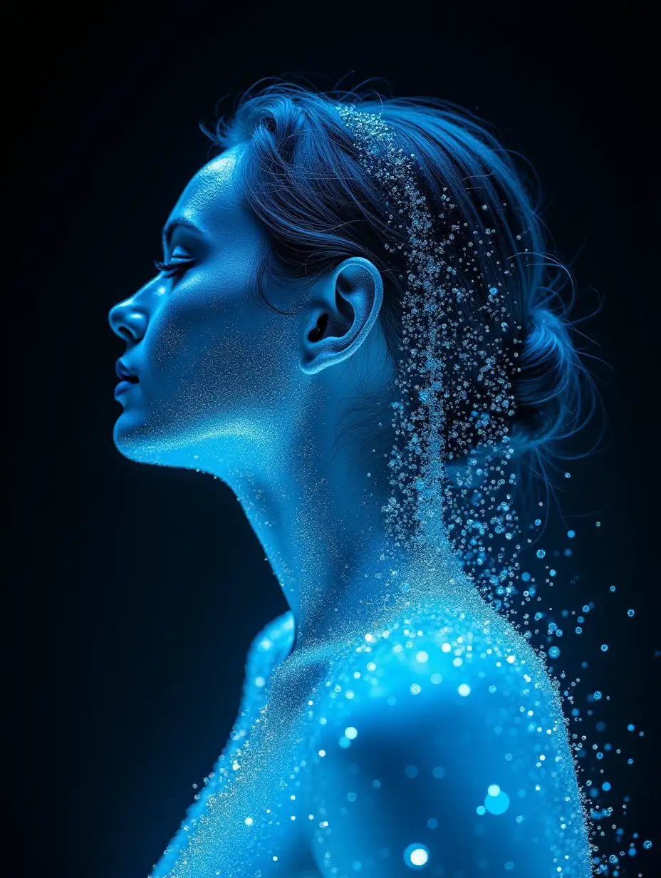 Double exposure: woman+woman's hair is a long azure neon waterfall splashing in different directions, glitter, sequins, fractals of water, fantasy, hyperrealistic, maximum detail, dynamic photography, dark background, medium shot, centered,  dramatic, contrasting lighting, sparkling effect; elegant and ethereal composition