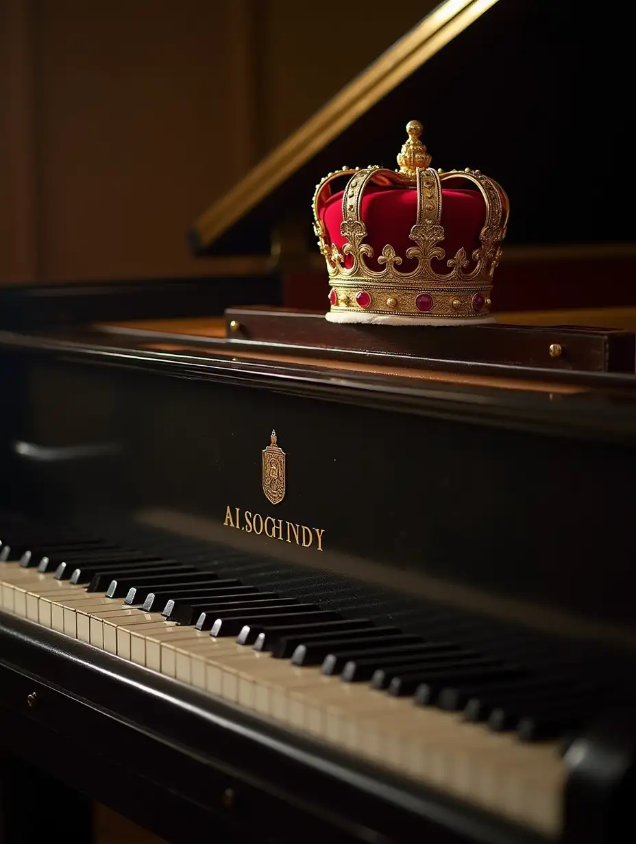 A piano with a royal crown on it