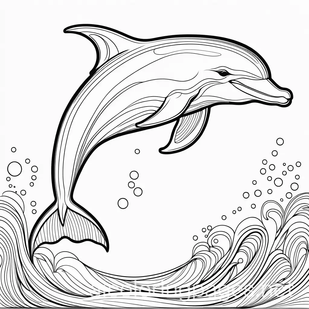 happy dolphin, Coloring Page, black and white, line art, white background, Simplicity, Ample White Space. The background of the coloring page is plain white to make it easy for young children to color within the lines. The outlines of all the subjects are easy to distinguish, making it simple for kids to color without too much difficulty