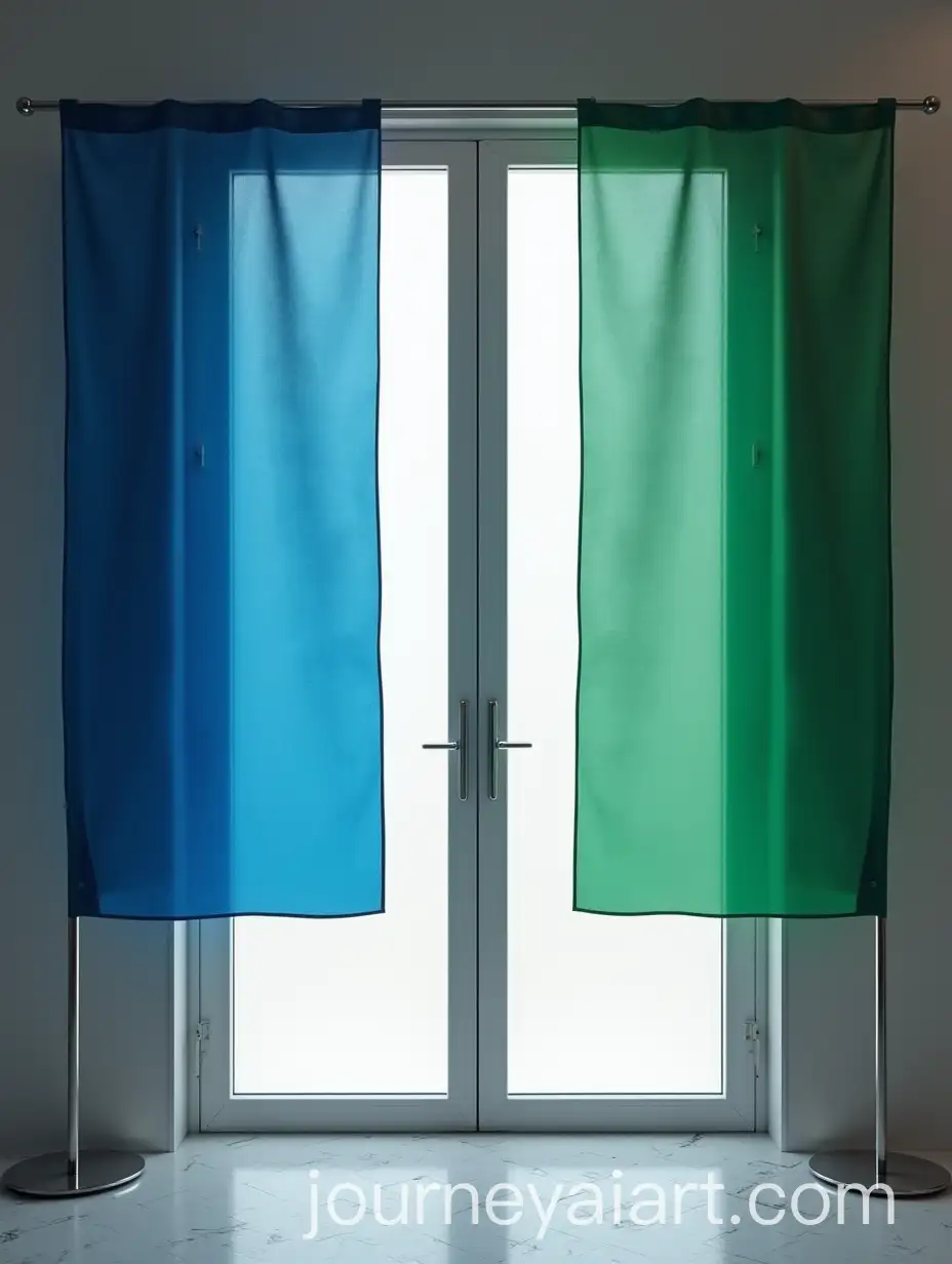Two-Blue-and-Green-Flags-at-Glass-Door-Entrance