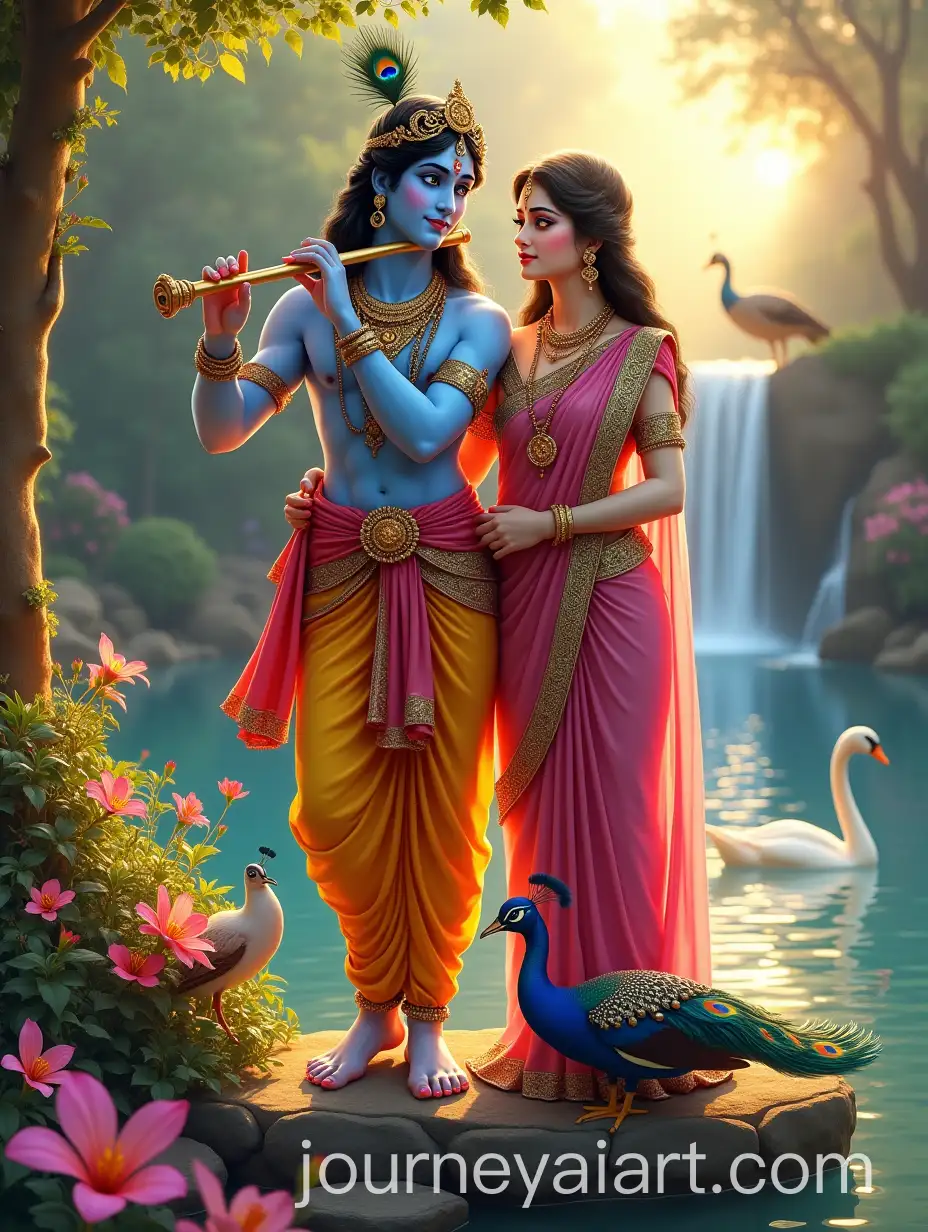 Divine-Couple-Krishna-and-Radha-in-Serene-Garden-with-Flute-and-Vibrant-Animals