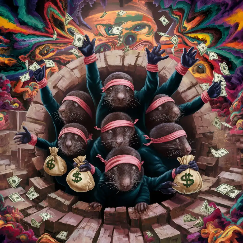 Moles Robbing a Bank Throwing Money DMT Style