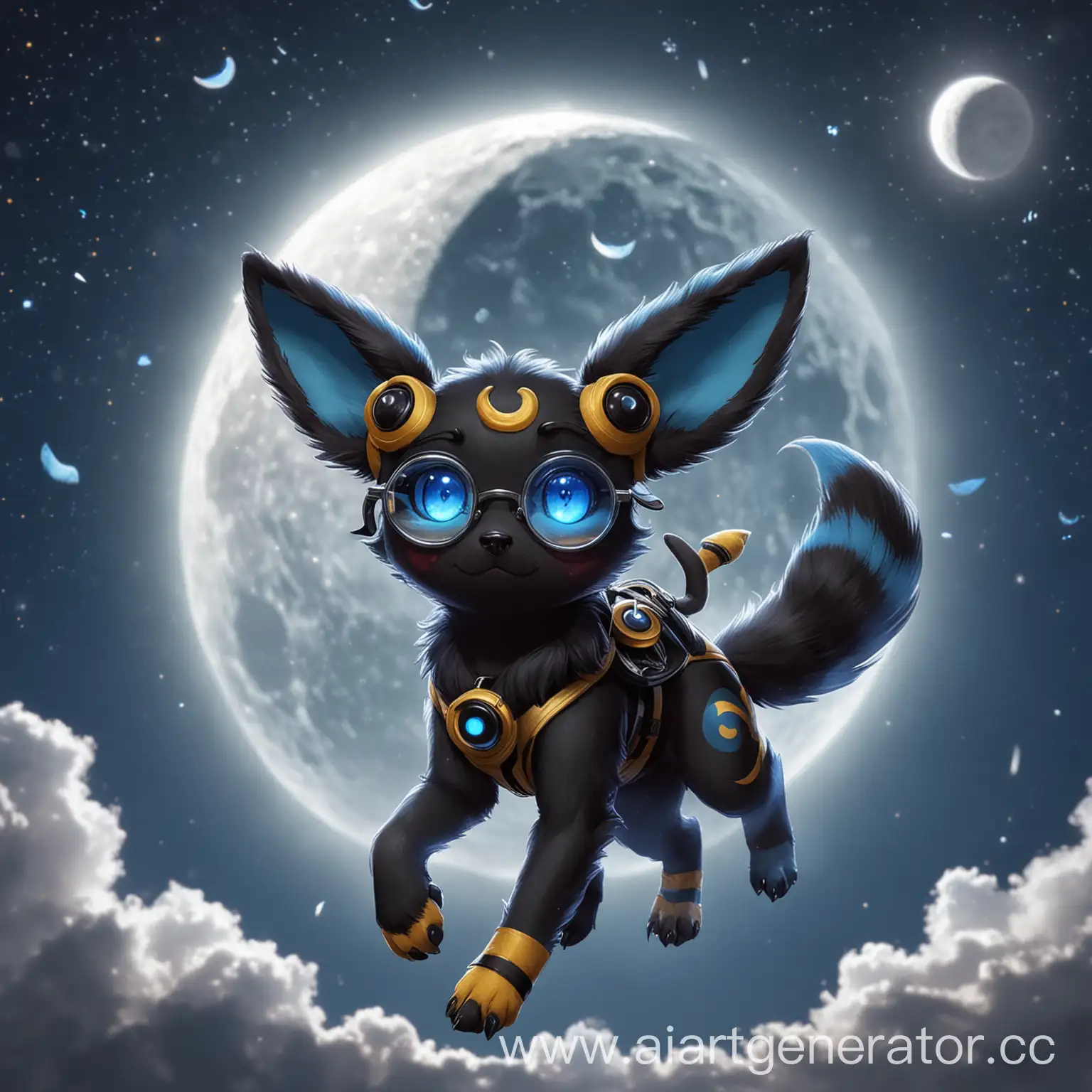 blue ringed Umbreon with glasses walking under moon