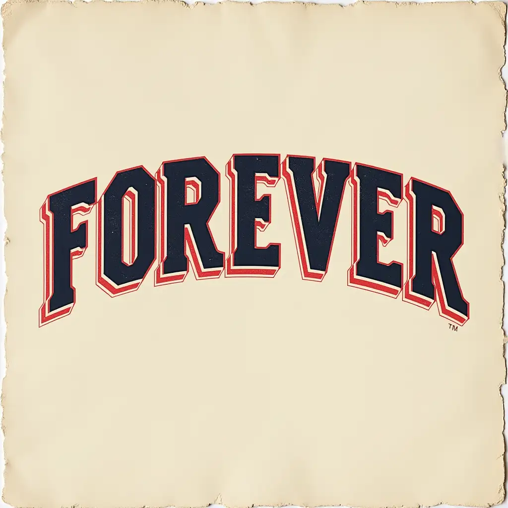 archival scan off offset printed varsity college type face with the word 'FOREVER' in a classic arch design