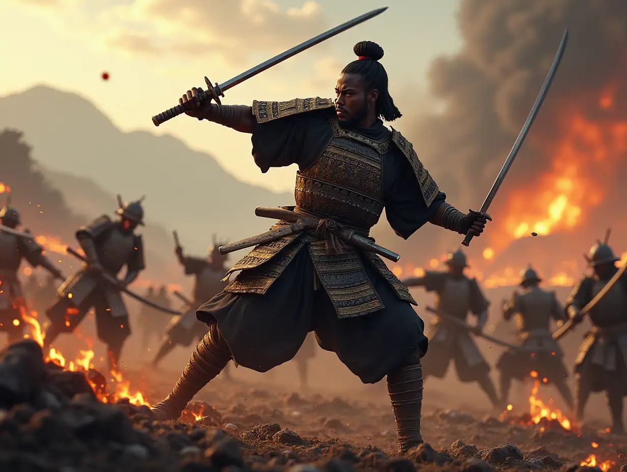 A realistic and immersive depiction of Yasuke, the first African samurai, during a 16th-century battle in feudal Japan. Yasuke is in the heat of combat, wearing intricate Sengoku-era armor with bold details that emphasize his African heritage and unique role as a samurai. The setting is chaotic, with clashing swords, rising smoke, and embers floating in the air. Yasuke stands out as the central figure, exuding strength and determination, his katana raised mid-action. The background features a war-torn Japanese battlefield, with distant mountains, burning villages, and falling cherry blossoms amidst the chaos. The lighting is dramatic, with shadows and firelight illuminating the scene, creating a vivid and historically inspired masterpiece.