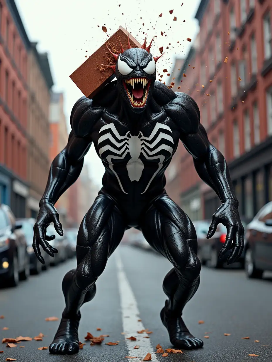 A hyper-realistic 3D-rendered image of a monstrous, muscular symbiote creature standing in the middle of an urban street. The creature has a glossy black skin-tight suit with a white spider emblem on its chest, sharp elongated fangs, and menacing white eyes. Its mouth is wide open in a terrifying grin, showcasing its razor-sharp teeth. A large brick is breaking apart on its head, with shattered debris flying in all directions. The background features a city street with parked cars, red-brick buildings, and a slightly blurred depth of field to enhance focus on the creature. The scene is lit with dramatic lighting, emphasizing the reflective surface of the suit and creating a cinematic effect. The overall composition captures intensity, motion, and impact, making the scene feel alive and action-packed