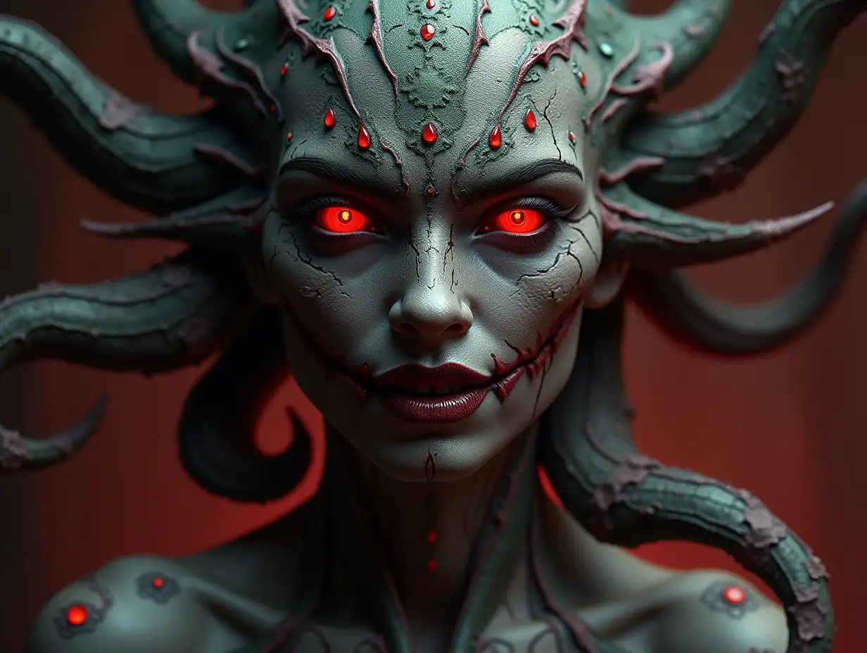 Make it hyperrealistic, dynamic and with ultra-high resolution at 4k: Create an image of Baron MordoMedusa. She should be beautiful and seductive, so that her appearance will turn all men into stone