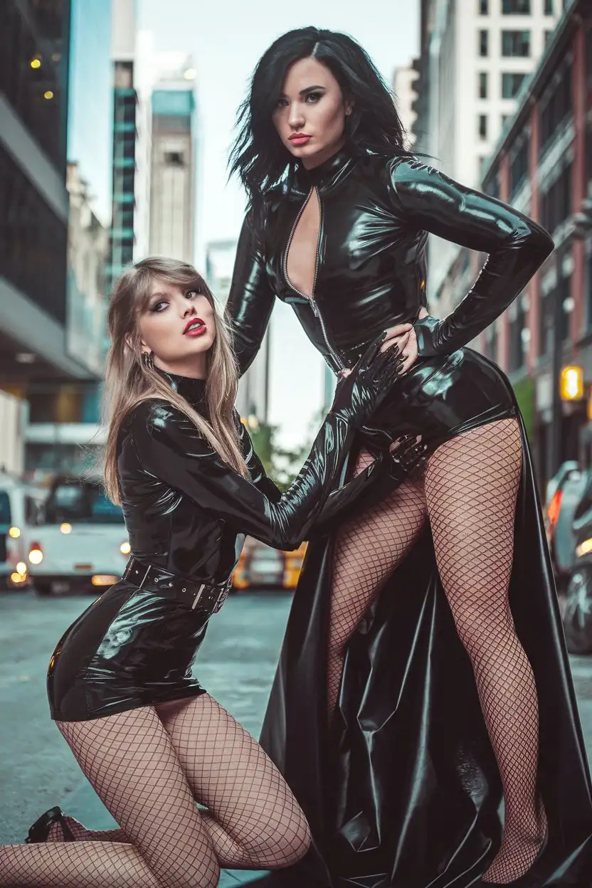 in the style of Collier Schorr. Taylor Swift is seen kneeling in dark makeup, and wearing a tight latex trash bag black, hugging her curves in a mini dress. Demi Lovato towers over Taylor, in a similar outfit, but with an evil look. overall theme of Good Vs Evil.