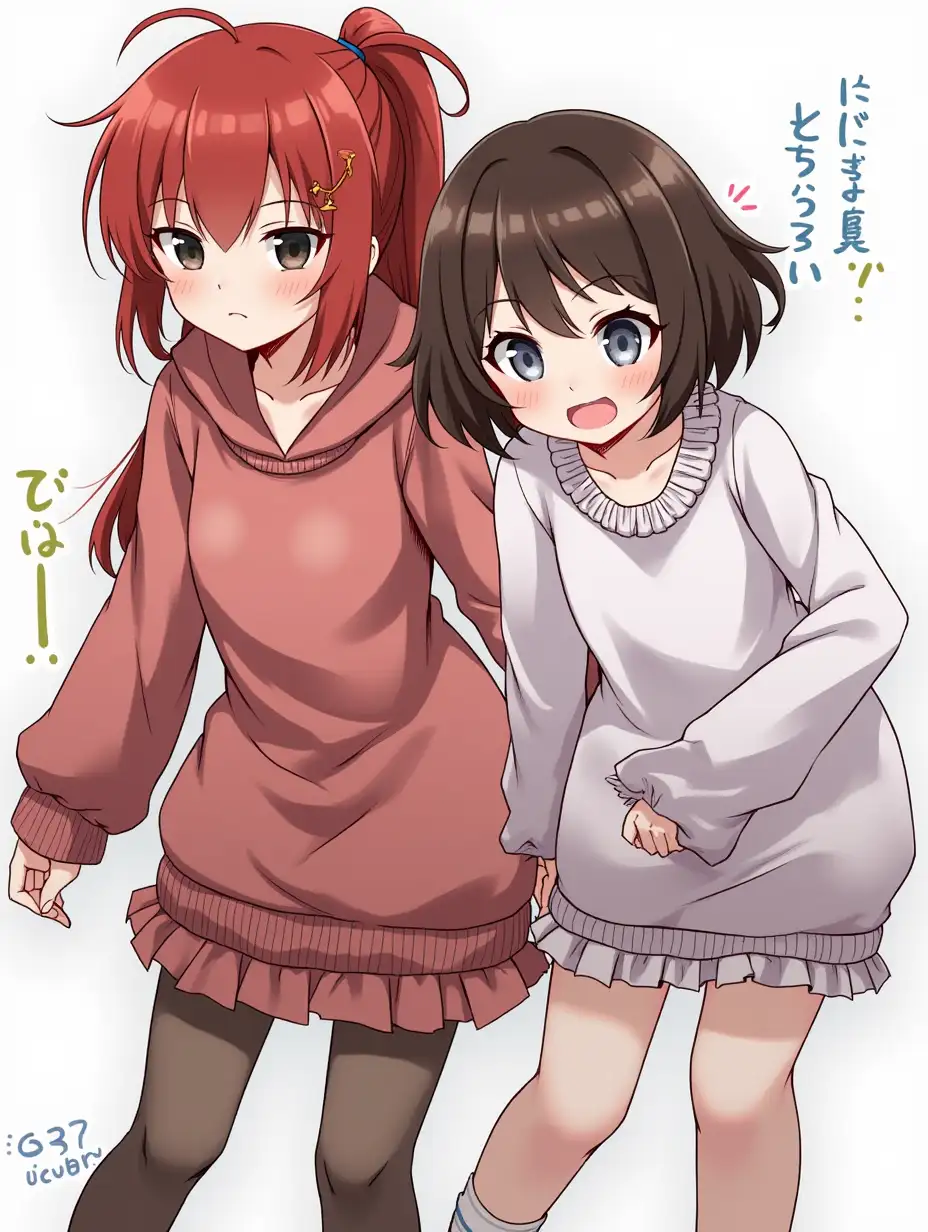 Gacha style red black haired girl with a pony tail and black eyes and a brown haired girl with short hair and blue eyes