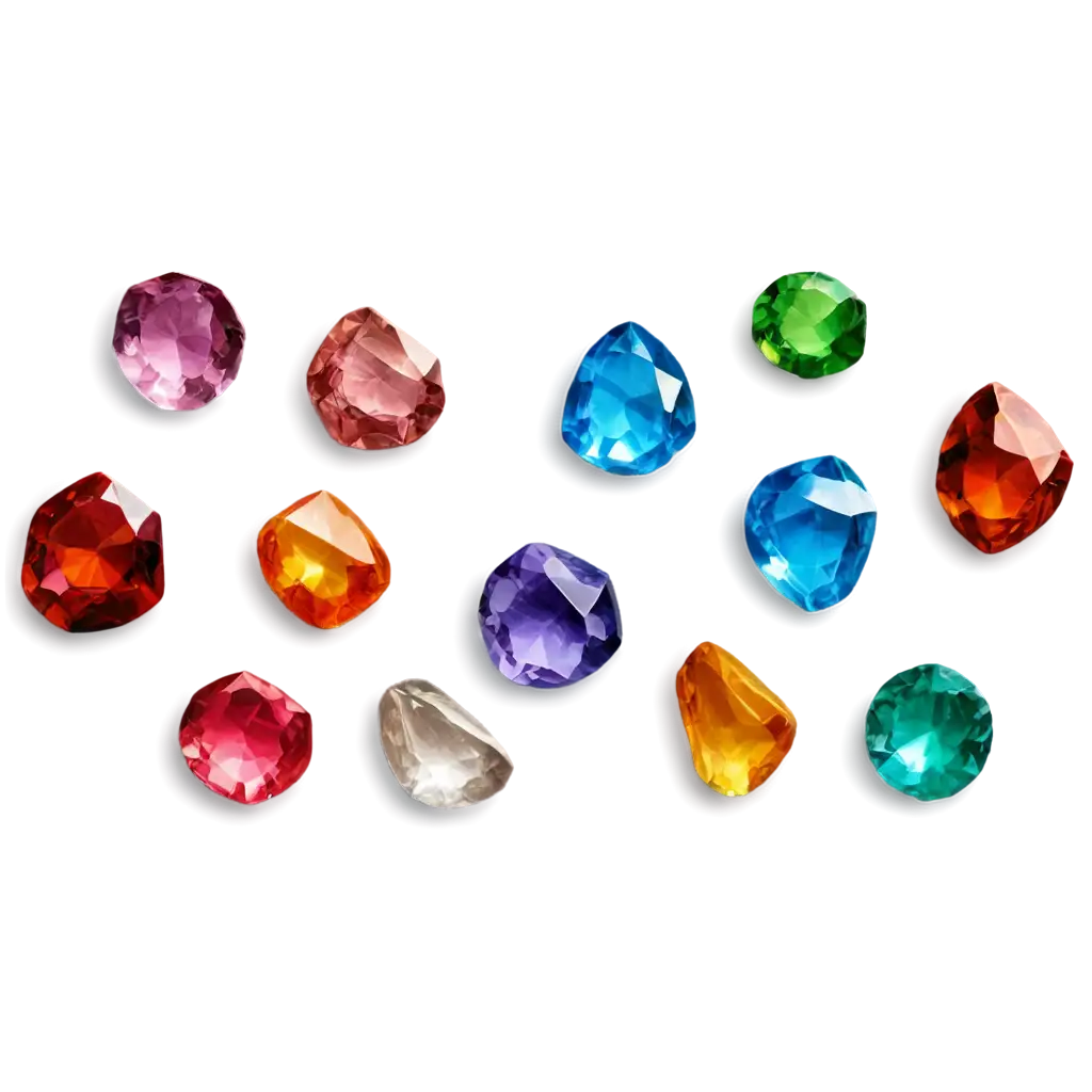 red, blue, gray, purple, pink, yellow, green, orange, brown crystal, all with not the same shape