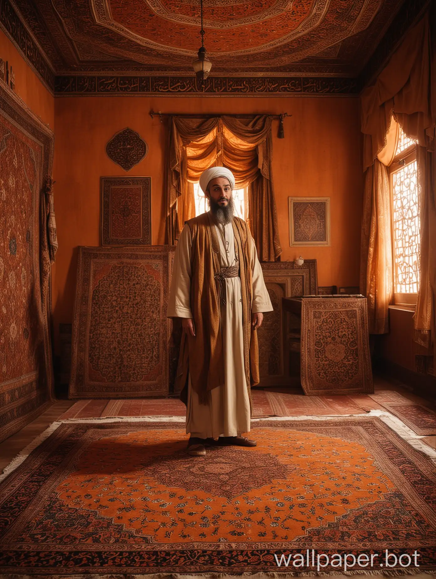 Avicenna (Ibn Sina) standing close to the camera in a traditional Iranian room with detailed Persian carpets, holding a sign in his hands while looking directly at the camera. The room is lit with intense orange light streaming through the back window, casting a warm glow. The focus is on Avicenna, dressed in traditional Persian attire, his scholarly robe and turban contrasting against the ornate surroundings