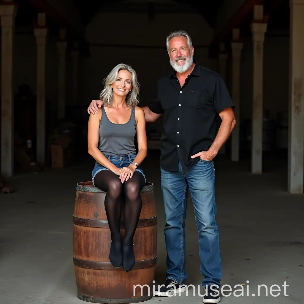 full body portrait of married couple, beautiful tall and fit, 55 year old woman, with wavy silver hair parted of the side, she is wearing jean shorts, black wool reinforced toe pantyhose tights, grey tank top, sitting on a 55 gallon rusted steel barrel on at all wooded platform with her stocky 57 year old man with small white beard wearing long levi blue jeans, black button down short sleeve shirt, standing the tall wooden platform on top of  concrete floor of old warehouse next to the barrel both looking at the camera