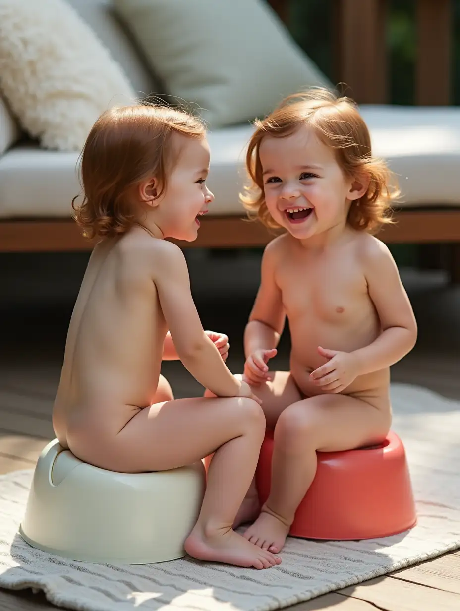 Two-Girls-Laughing-on-Potty-Chairs-on-a-Wooden-Deck-with-Lounge-Chair-in-Background