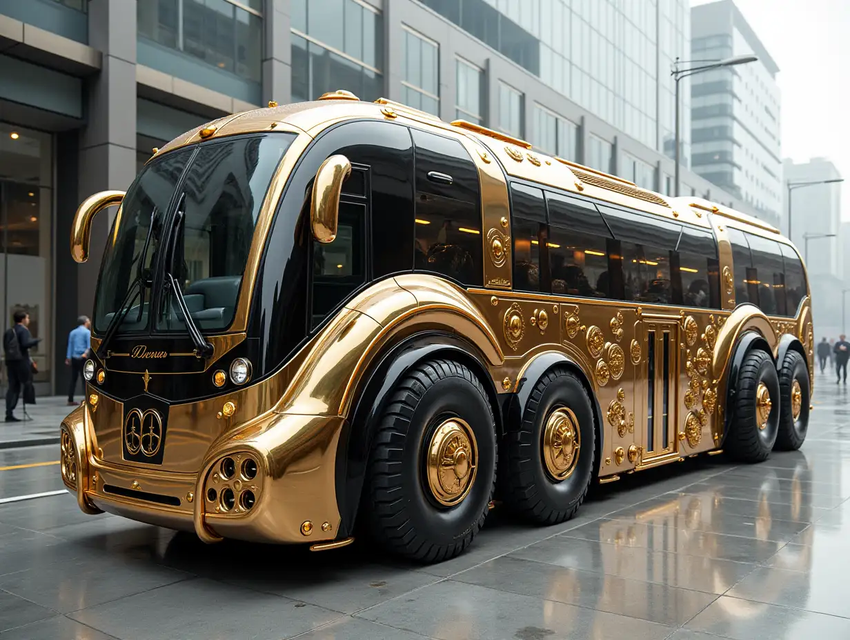 Super modern Autobus with 10 wheels gold white black Steampunk