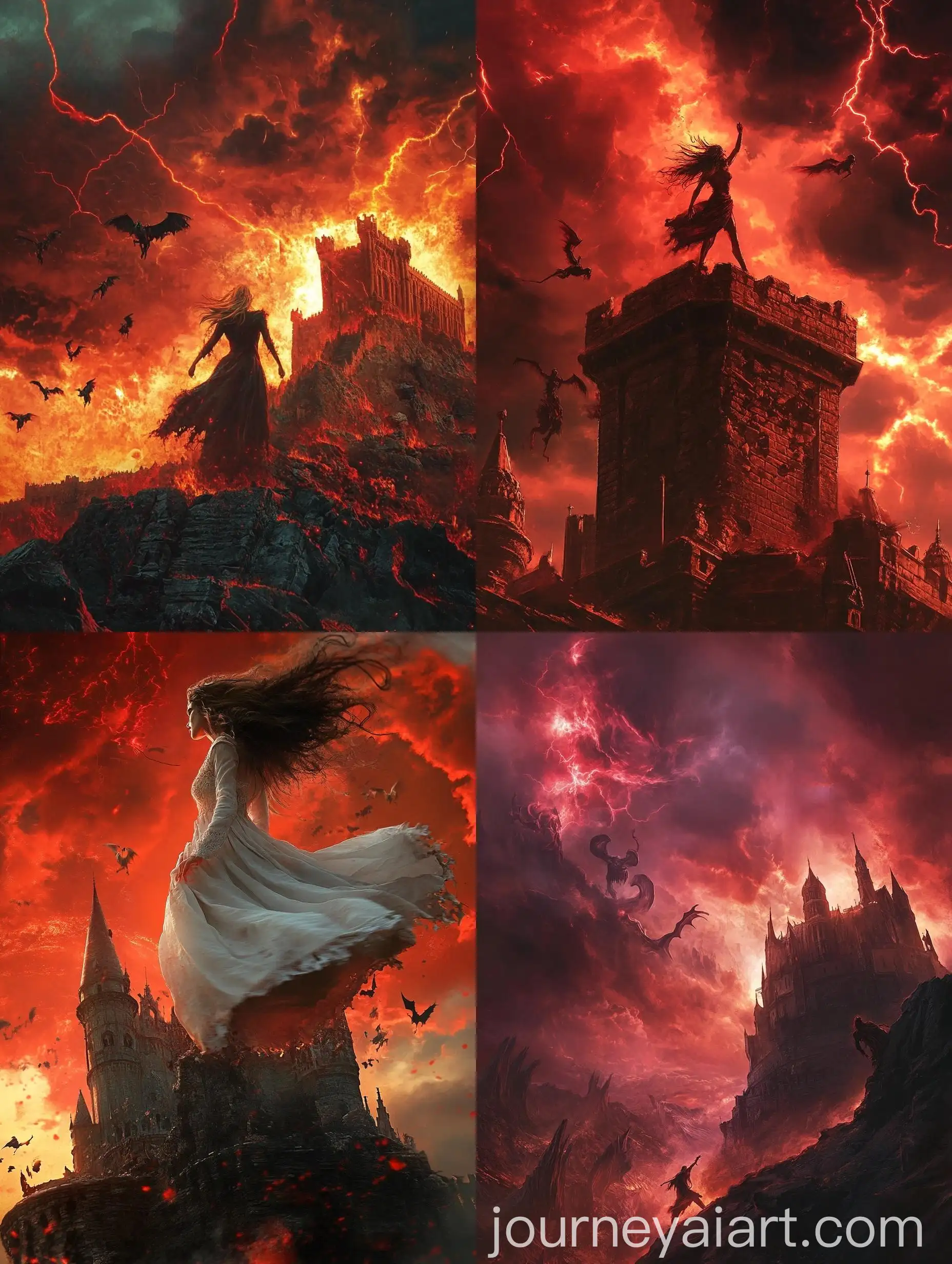 Woman-Battling-Dark-Self-on-Castle-Amidst-Ghosts-and-Demons-in-Red-Thunder-Sky