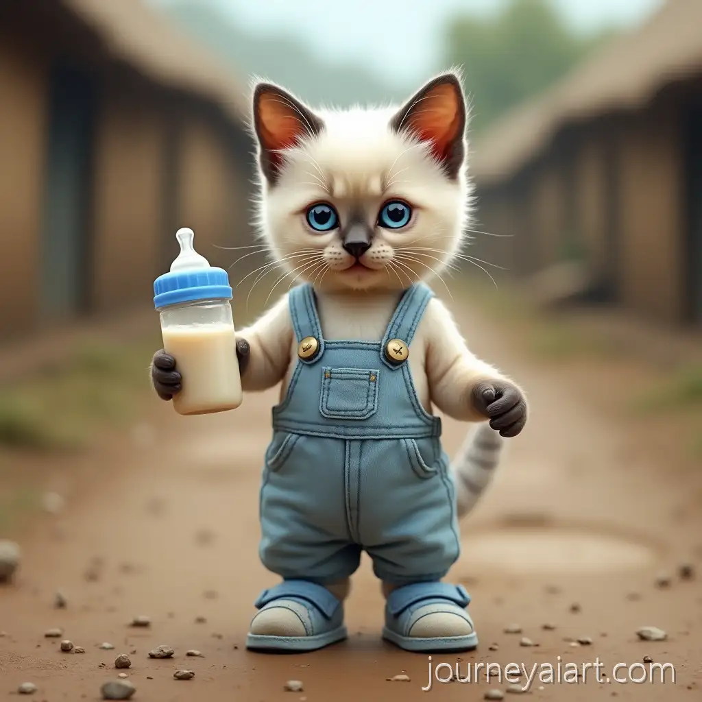 Realistic-Siamese-Kitten-in-Baby-Blue-Overalls-Standing-on-Rural-Muddy-Road-Holding-Milk-Bottle