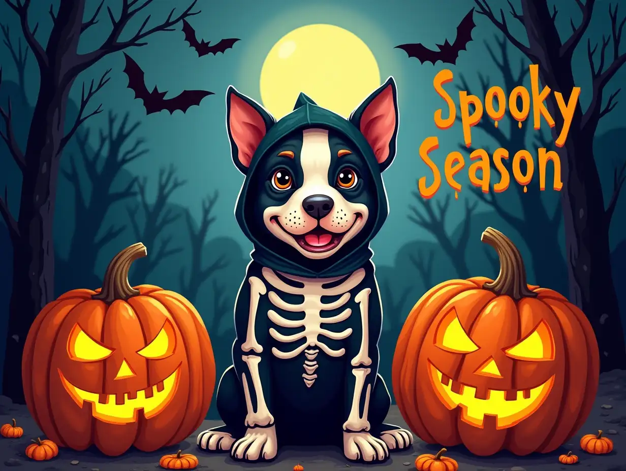 Vector. A playful Pit Bull puppy dressed in a detailed skeleton costume, standing proudly between two intricately carved pumpkins. The dog has a mischievous grin and bright eyes. The background is a dark, spooky forest with a full moon and bats flying overhead. The overall style is vibrant and whimsical. featuring the word 'Spooky Season' in bold. oil painting style