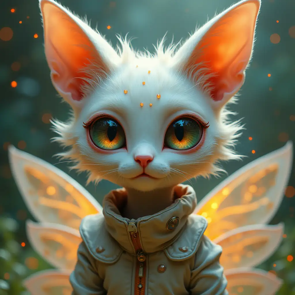 Unique painting realism of a cat-human-fairy creature with pale skin, large starry eyes, orange dotted patterns, large ears, iridescent glass wings, wearing fantasy sci-fi leathers. Photorealistic fantasy whimsical art. Very unique painting with cinematic effects and lighting. Outside. By Ceccoli and fantasy style. 16k uhd. Depth.