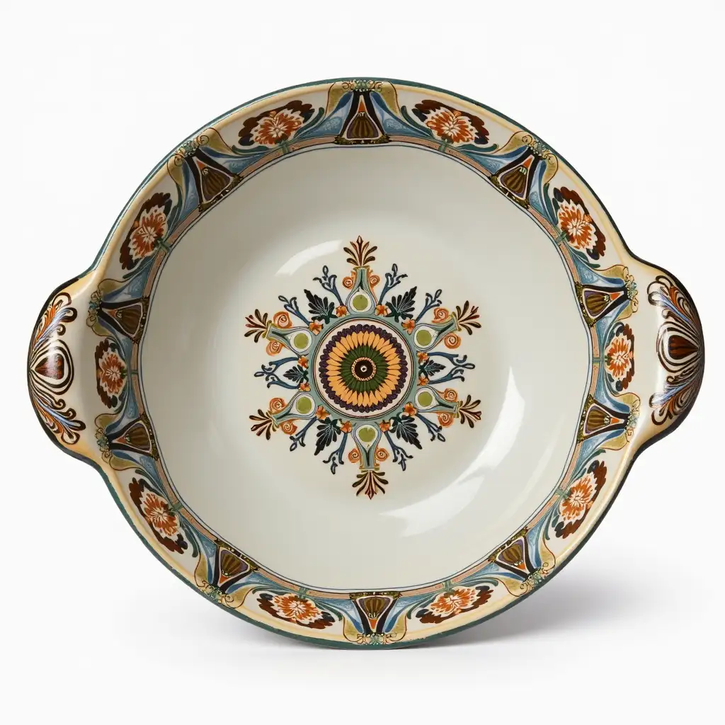 Four-piece ardour ceramic serving dishes that fit inside a round dish, with embossed beautiful  ceramic handle,Underglaze painting on white body, Fine art, Hyper detailed,Antique and old, Qajar art, Iranian Tabriz carpet design